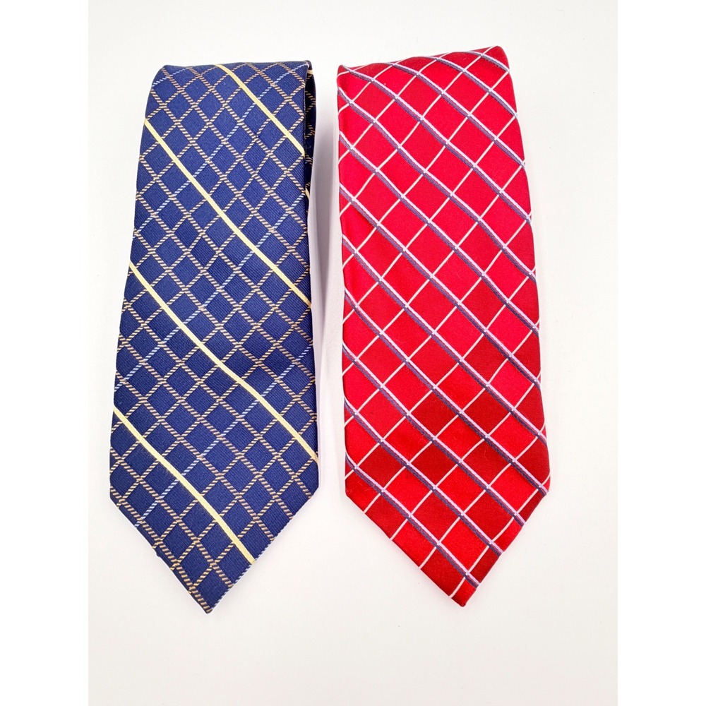 IZOD Mens Necktie Bundle 2 Pack Red Navy Blue Grid Windowpane Check Formal‎ Ties